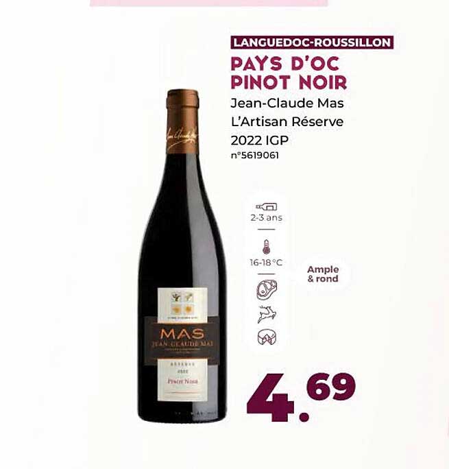 pays d'oc pinot noir jean-Claude mas l'artisan réserve 2022 igp