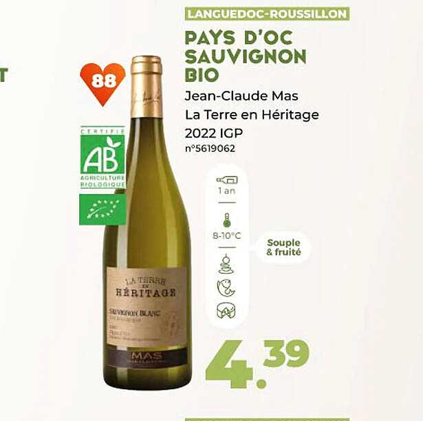 pays d'oc sauvignon bio jean-Claude mas la terre en héritage 2022 igp