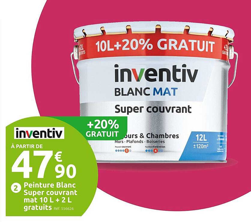 Peinture Blanc Super Couvrant Mat 10 L + 2 L Gratuits Inventiv