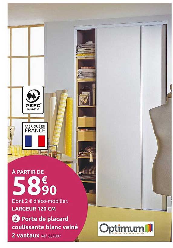 porte de placard coulissante blanc veiné 2 vantaux optimum