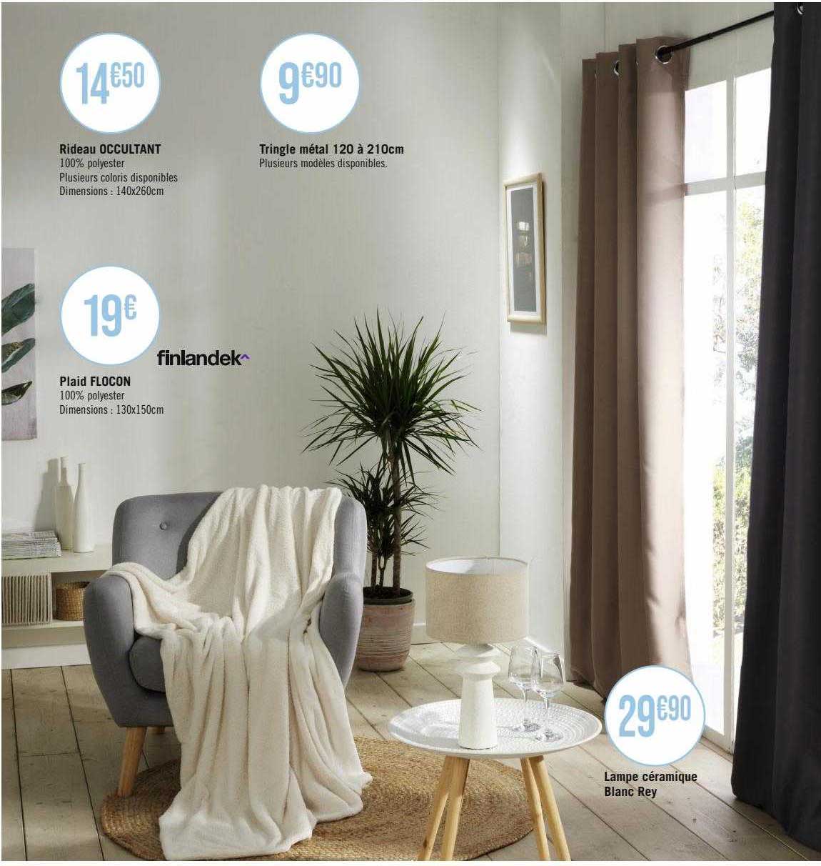 rideau occultant, plaid flocon, tringle métal 120 à 210 cm, lampe céramique blanc rey finlandek^