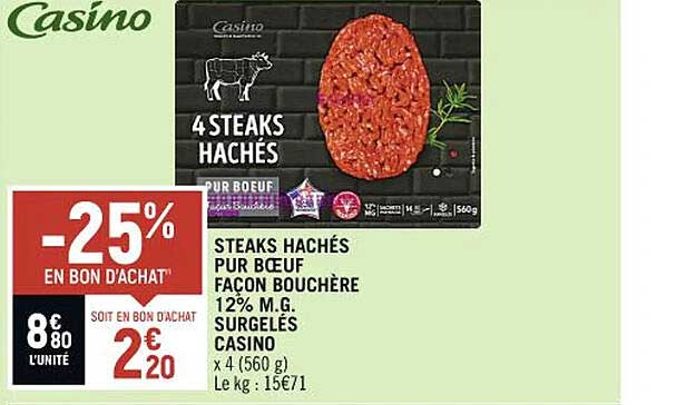 steaks hachés pur bœuf façon bouchère 12% m.g. surgelés casino