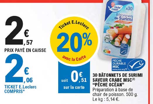 30 Bâtonnets De Surimi Saveur Crabe Msc "pêche Océan"