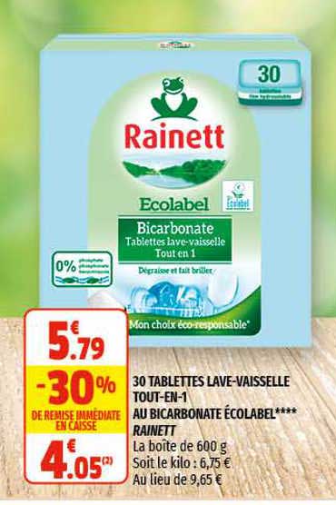 30 tablettes lave-vaisselle tout-en-1 au bicarbonate écolabel**** rainett