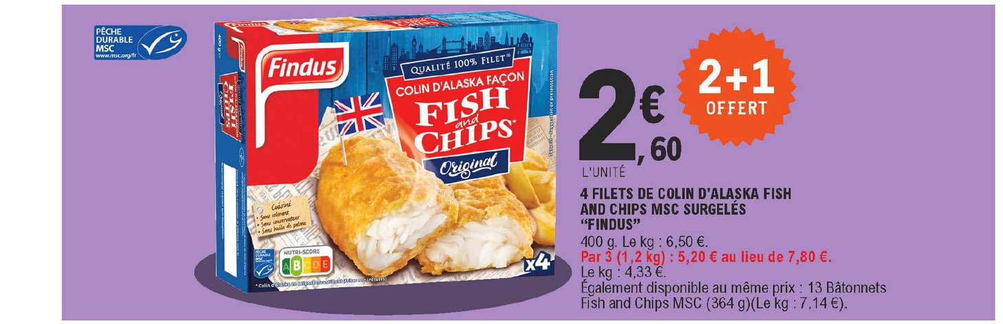 4 filets de colin d'alaska and chips msc surgelés "findus"
