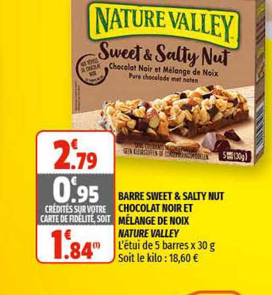 barre sweet & salty nut chocolat noir et mélange de noix nature valley