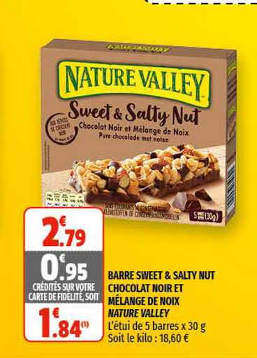 barre sweet & salty nut chocolat noir et mélange de noix nature valley