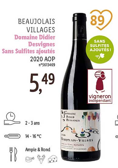 beaujolais villages domaine didier desvignes sans sulfites ajoutés 2020 aop