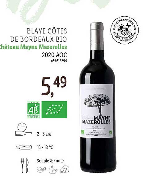 blaye côtes de bordeaux bio château mane mazerolles 2020 aoc