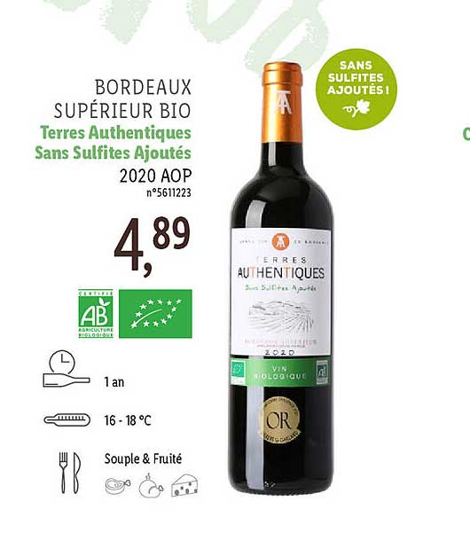bordeaux supérieur bio terres authentiques sans sulfites ajoutés 2020 aop