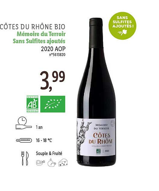 côtes du rhône bio mémoire du terroir sans sulfites ajoutés 2020 aop