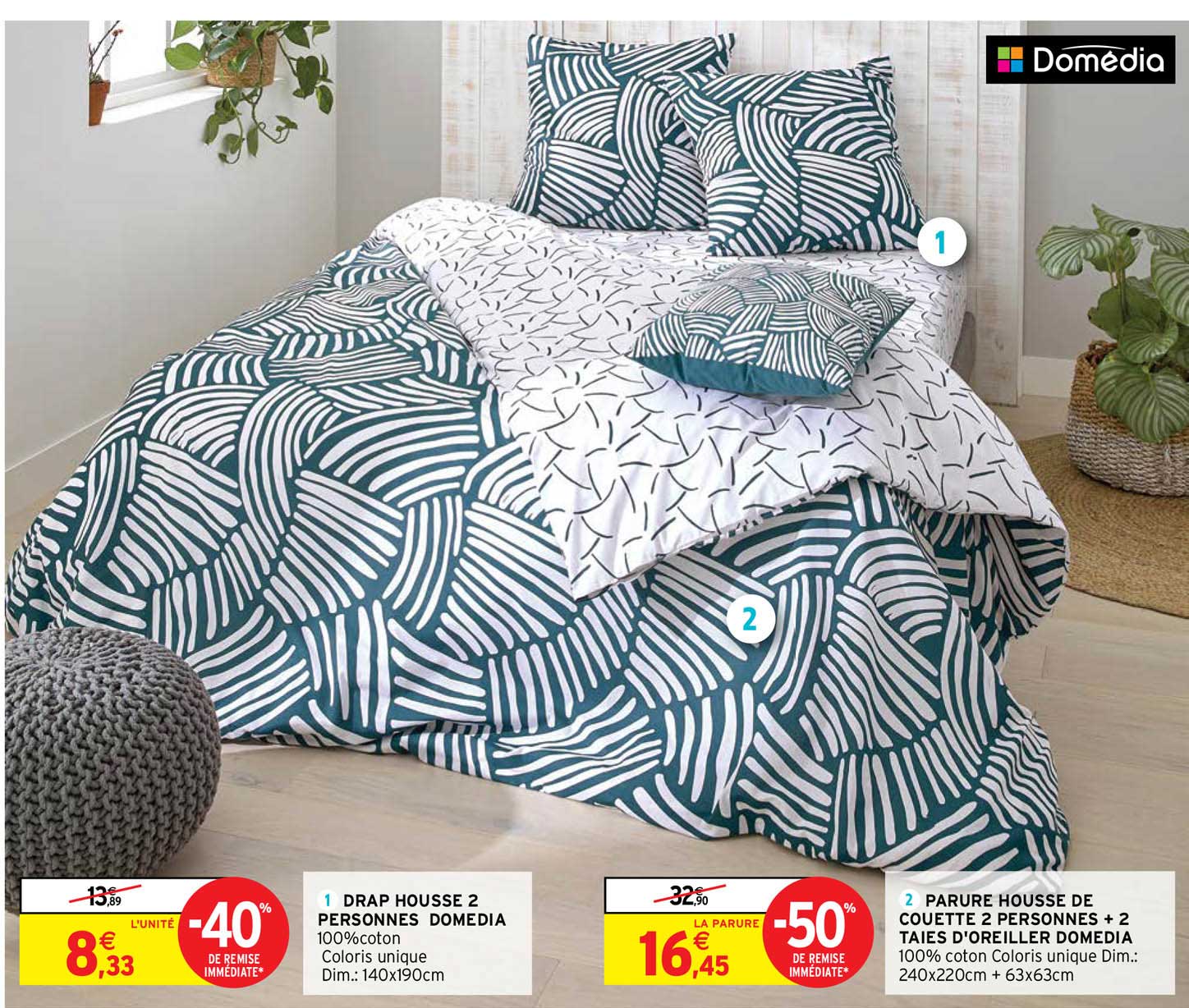 drap housse 2 personnes domédia, parure housse de couette 2 personnes + 2 taies d'oreiller domédia