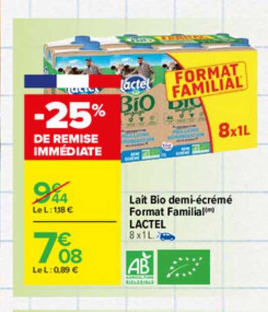 lait bio demi-écrémé format familial lactel