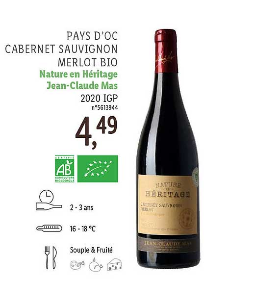 pays d'oc cabernet sauvignon merlot bio nature en héritage jean-claude mas