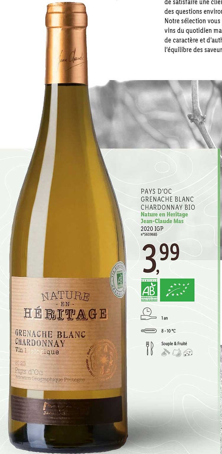 pays d'oc grenache blanc chardonnay bio nature en héritage jean-claude mas 2020 igp
