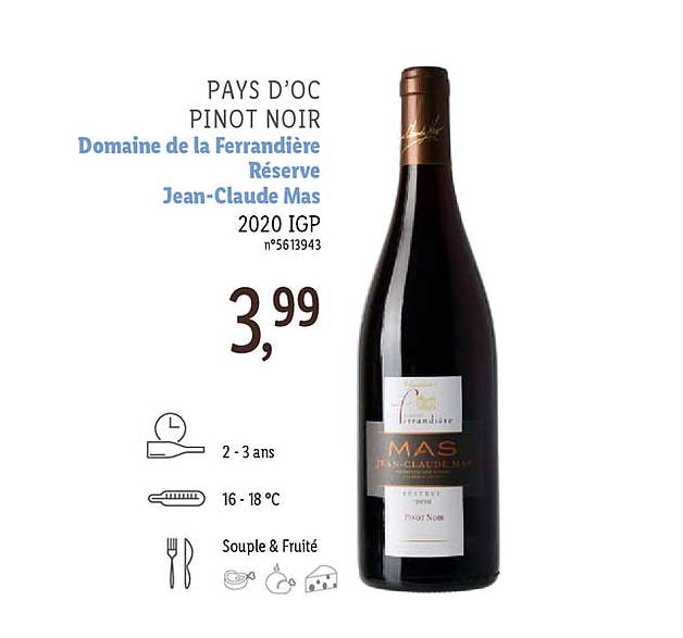 pays d'oc pinot noir domaine de la ferrandière réserve jean-claude mas 2020 igp