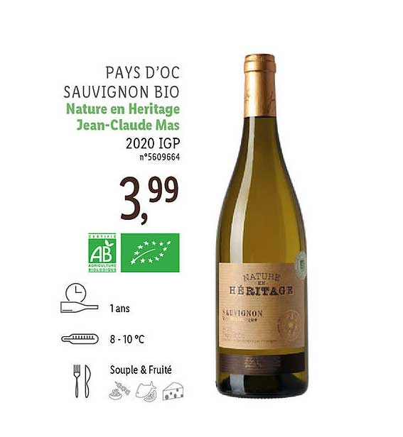 pays d'oc sauvignon bio nature en heritage jean-claude mas 2020 igp