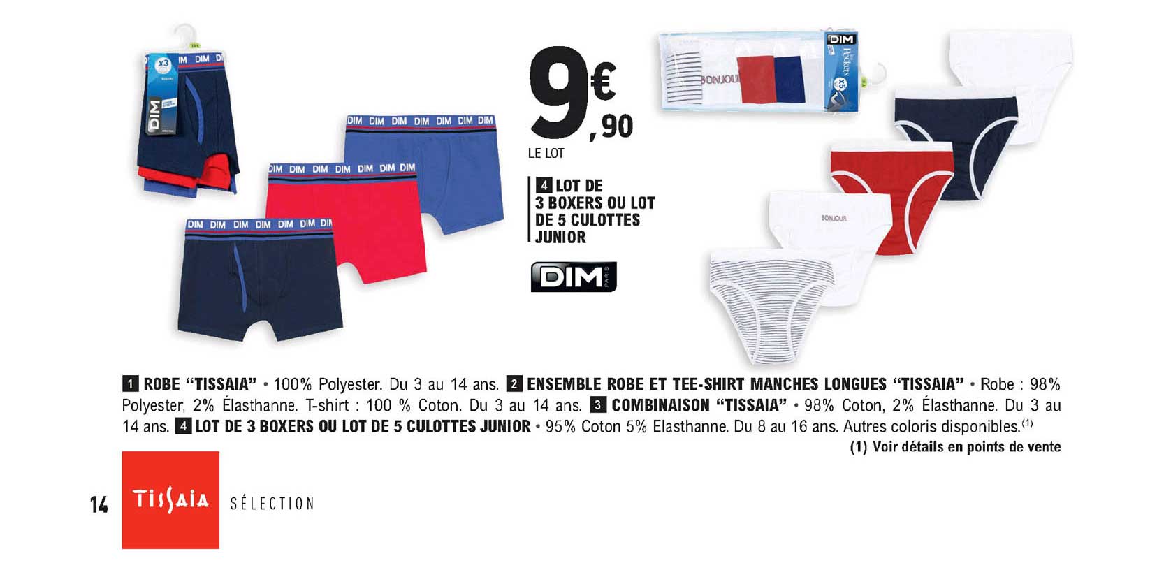 robe "tissaia", ensemble robe et tee-shirt manches longues "tissaia", combinaison "tissaia", lot de 3 boxers ou lot de 5 culottes junior