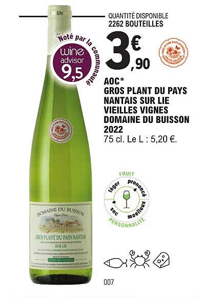 aoc gros plant du pays nantais sur lie vieilles vignes domaine du buisson 2022