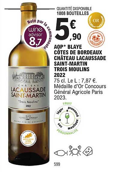 aop blaye côtes de bordeaux château lacaussade saint-martin trois moulins 2022