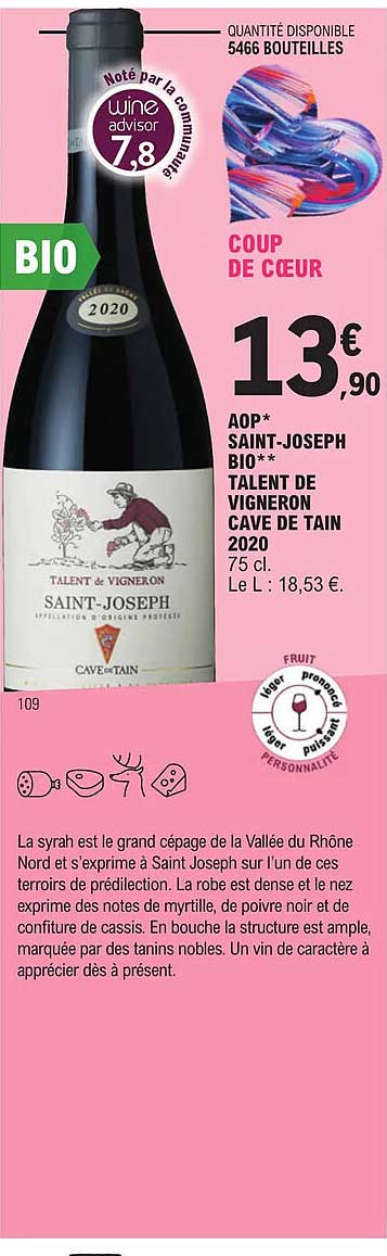 Aop Saint-joseph Bio Talent De Vigneron Cave De Tain 2020