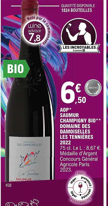 aop saumur champigny bio domaine des damoiselles les tennières 2022