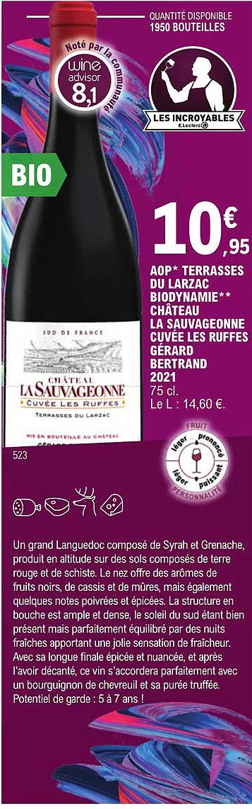aop terrasses du larzac biodynamie château la sauvageonne cuvée les ruffes gérard bertrand 2021