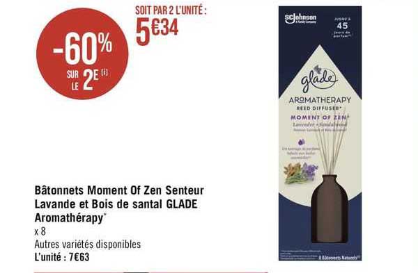 bâtonnets moment of zen senteur lavande et bois de santal glade aromathérapy