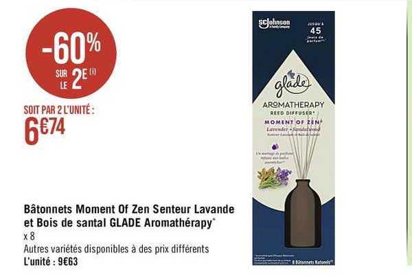bâtonnets moment of zen senteur lavande et bois de santal glade aromathérapy