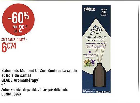 bâtonnets moment of zen senteur lavande et bois de santal glade aromathérapy