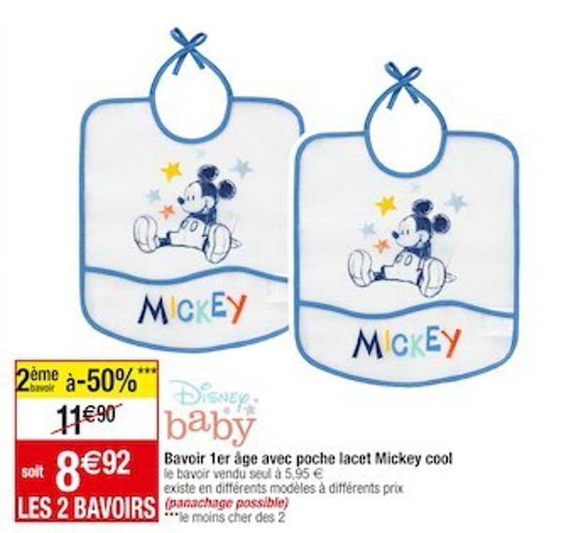 bavoir 1er âge avec poche lacet mickey cool disney baby