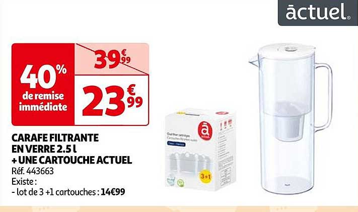 carafe filtrante en verre 2.5 l + une cartouche actuel