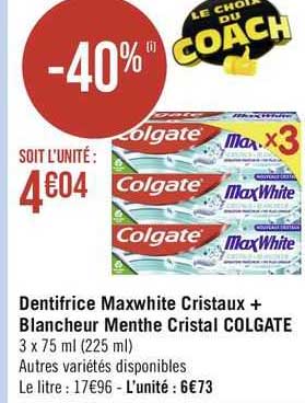 Dentifrice Maxwhite Cristaux + Blancheur Menthe Cristal Colgate