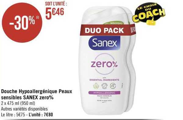 douche hypoallergénique peaux sensibles sanex zero%
