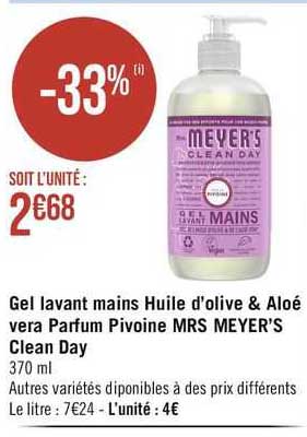 gel lavant mains huile d'olive & aloé vera parfum pivoine mrs meyer's clean day