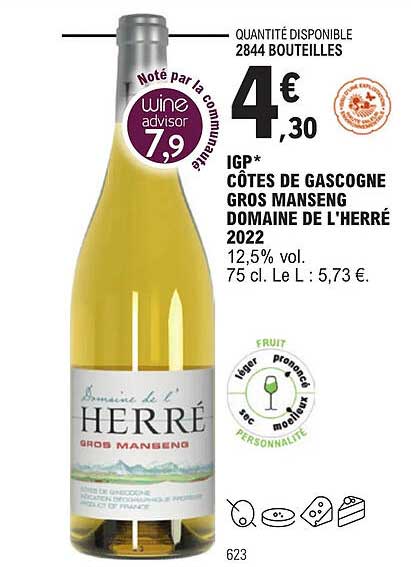 igp côtes de gascogne gros manseng domaine de l'herré 2022