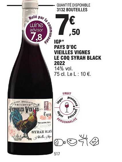 igp pays d'oc vieilles vignes le coq syrah black 2022