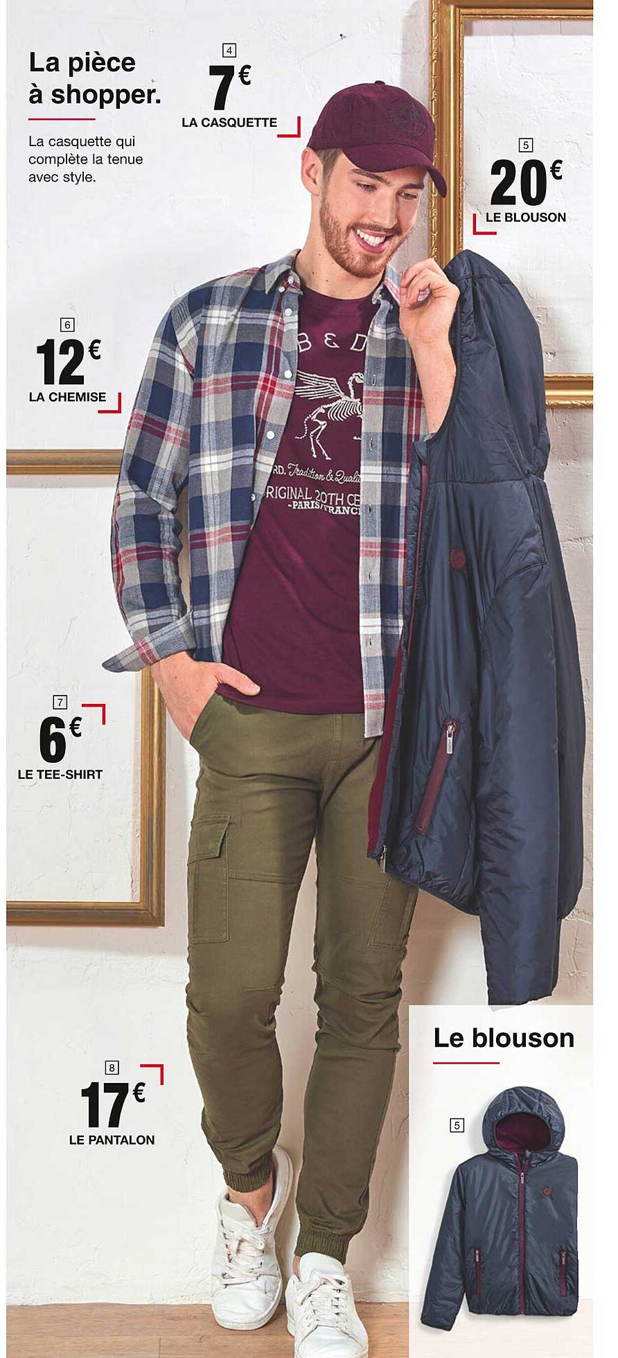 la casquette, le bouson, la chemise, le tee-shirt, le pantalon