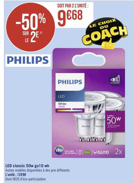 led classic 50w gu 10 wh philips