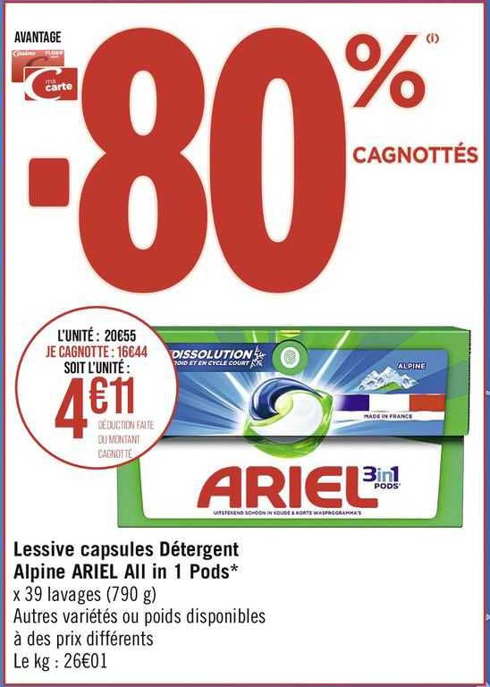 lessive capsules détergent alpine ariel all in 1 pods