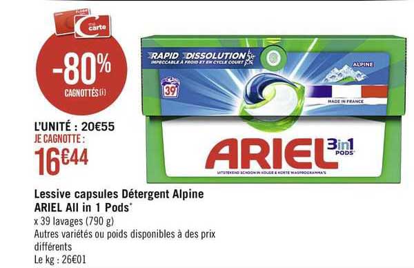 lessive capsules détergent alpine ariel all in 1 pods