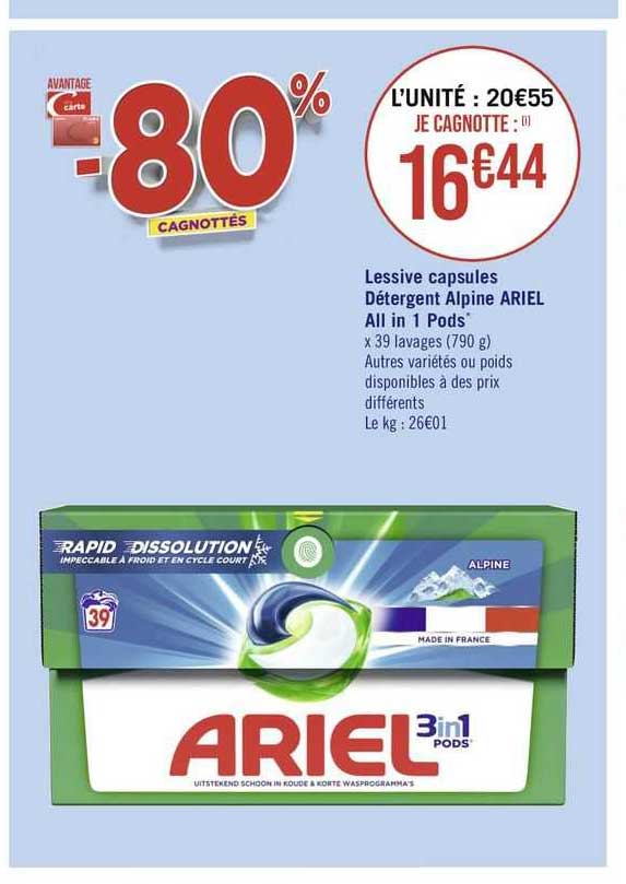 lessive capsules détergent alpine ariel all in 1 pods