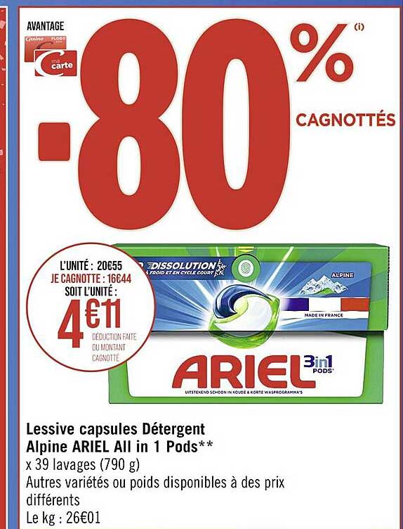 lessive capsules détergent alpine ariel all in 1 pods