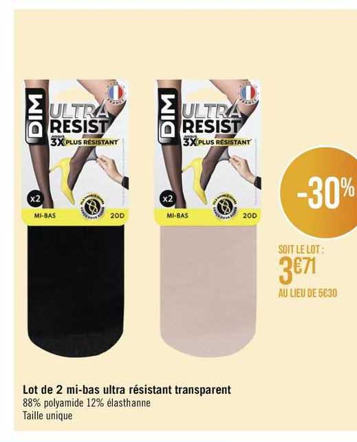 lot de 2 mi-bas ultra résistant transparent dim