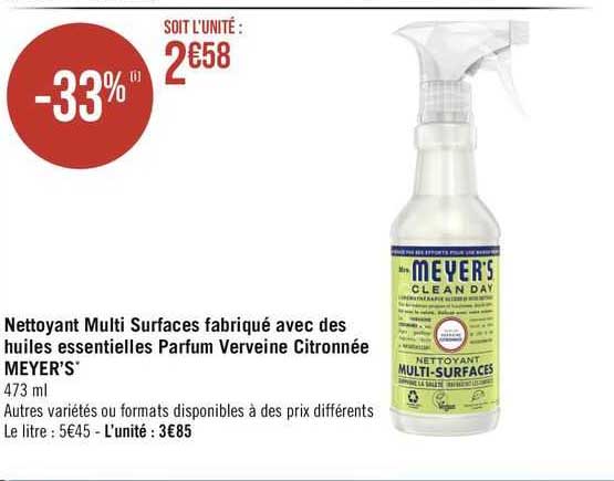 nettoyant multi surfaces fabriqué avec des huiles essentielles parfum verveine citronnée meyer's