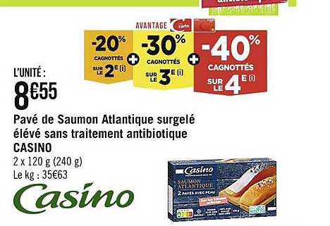 pavé de saumon atlantique surgelé élevé sans traitement antibiotique casino
