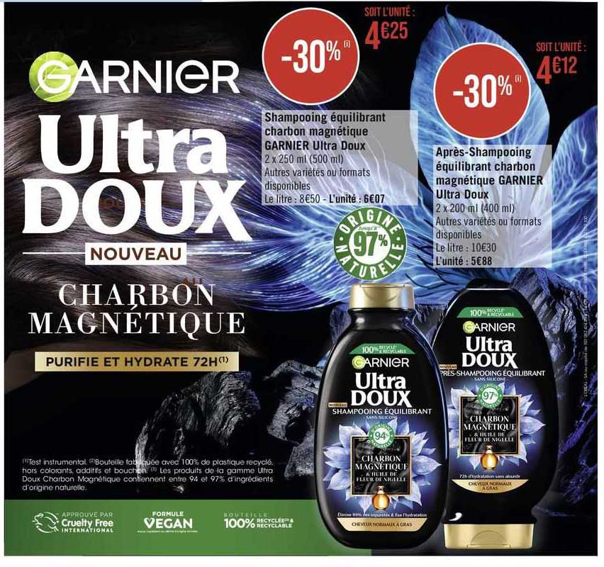 shampooing équilibrant charbon magnétique garnier ultra doux, après-shampooing équilibrant charbon magnétique garnier ultra doux