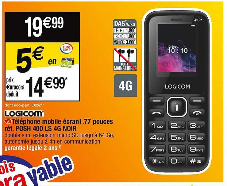 téléphone mobile écran 1.77 pouces logicom réf. posh 400 ls 4g noir