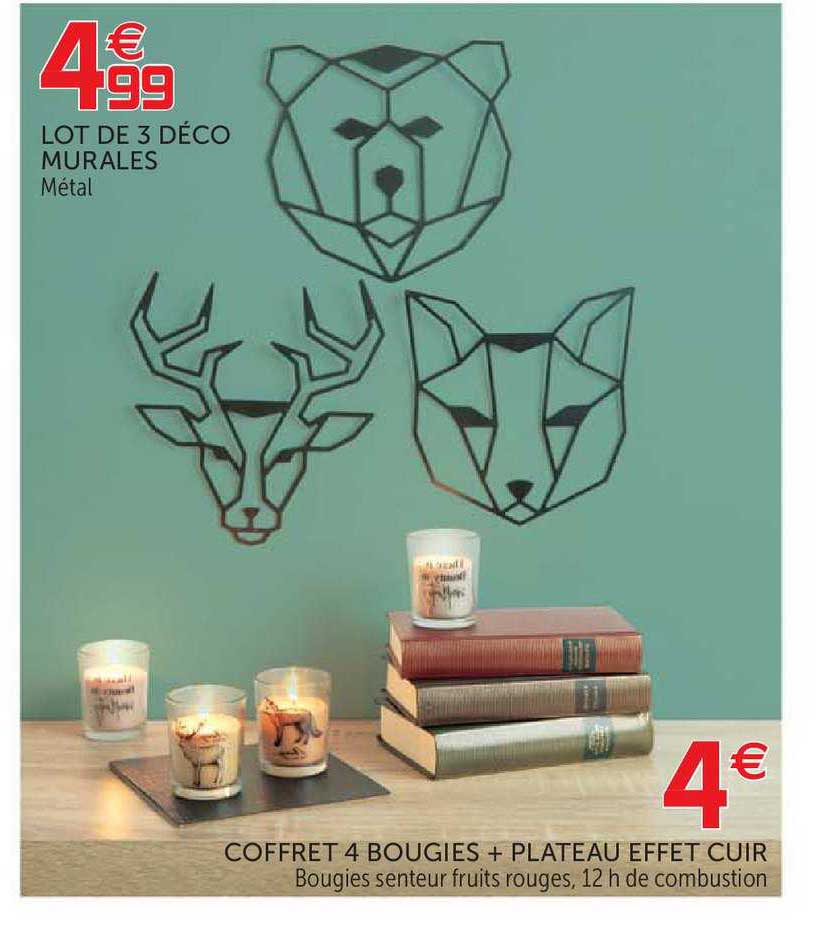 coffret 4 bougies + plateau effet cuir lot de 3 déco murales