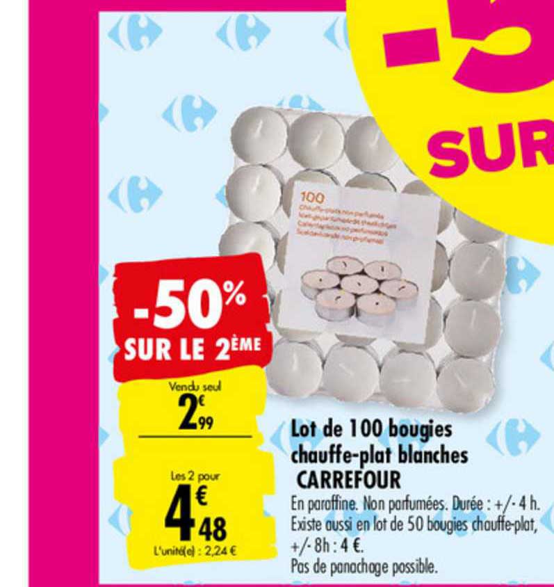 Lot De 100 Bougies Chauffe Plat Blanches Carrefour -50% Sur Le 2ème